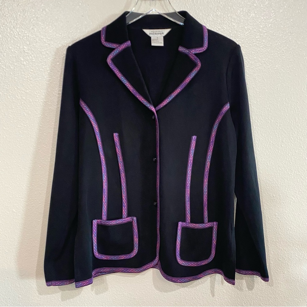 MISOOK Purple Pink Trim Open Classic Knit Cardigan Jacket size Small